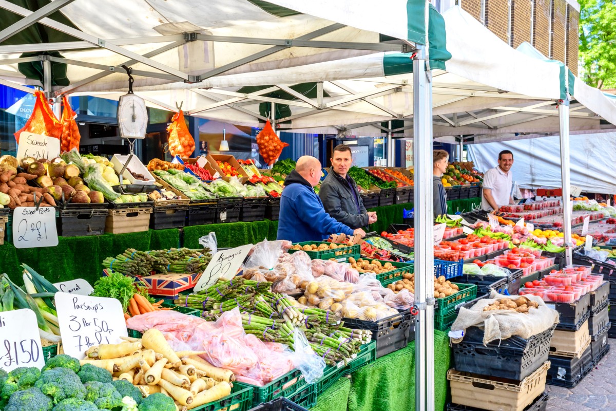 Locally grown fruit and vegetables for sale at a market in Ramsgate, in Kent, UK. 
