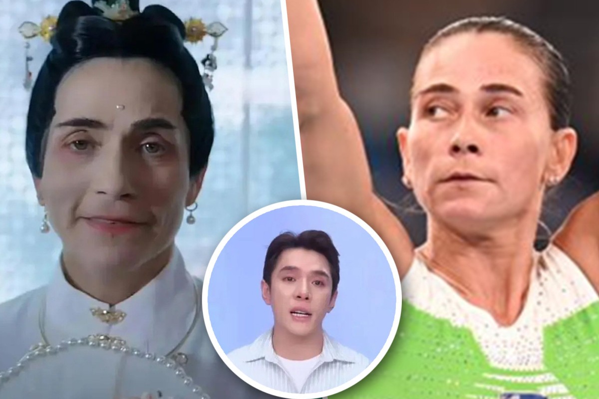 Renowned gymnast Oksana Chusovitina has upset her considerable fanbase in China by entering into a “tasteless” collaboration with a mainland cosmetics brand while many pointed out her make-up is strikingly similar to that of the popular “Lipstick King” Li Jiaqi (inset). Photo: SCMP composite/Douyin/Xinhua