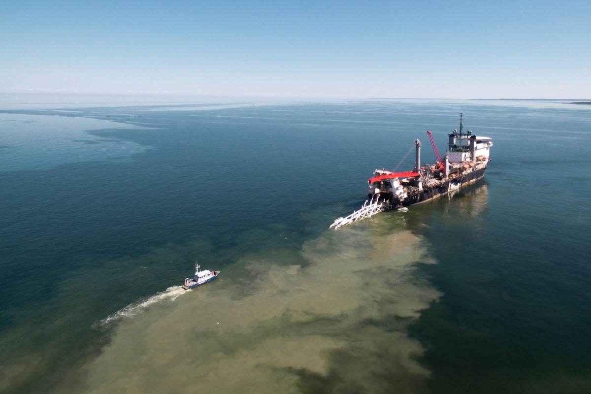 A view of the Balticconector pipeline as it is pulled into the sea in Paldiski, Estonia in 2019. Photo: Elering via Reuters