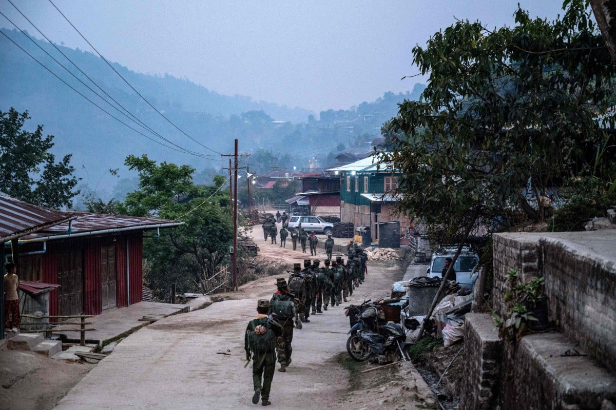 Members of the Ta’ang National Liberation Army at a town in Myanmar’s northern Shan State. It is one of around a dozen ethnic rebel groups in Myanmar fighting against the military. Photo: AFP