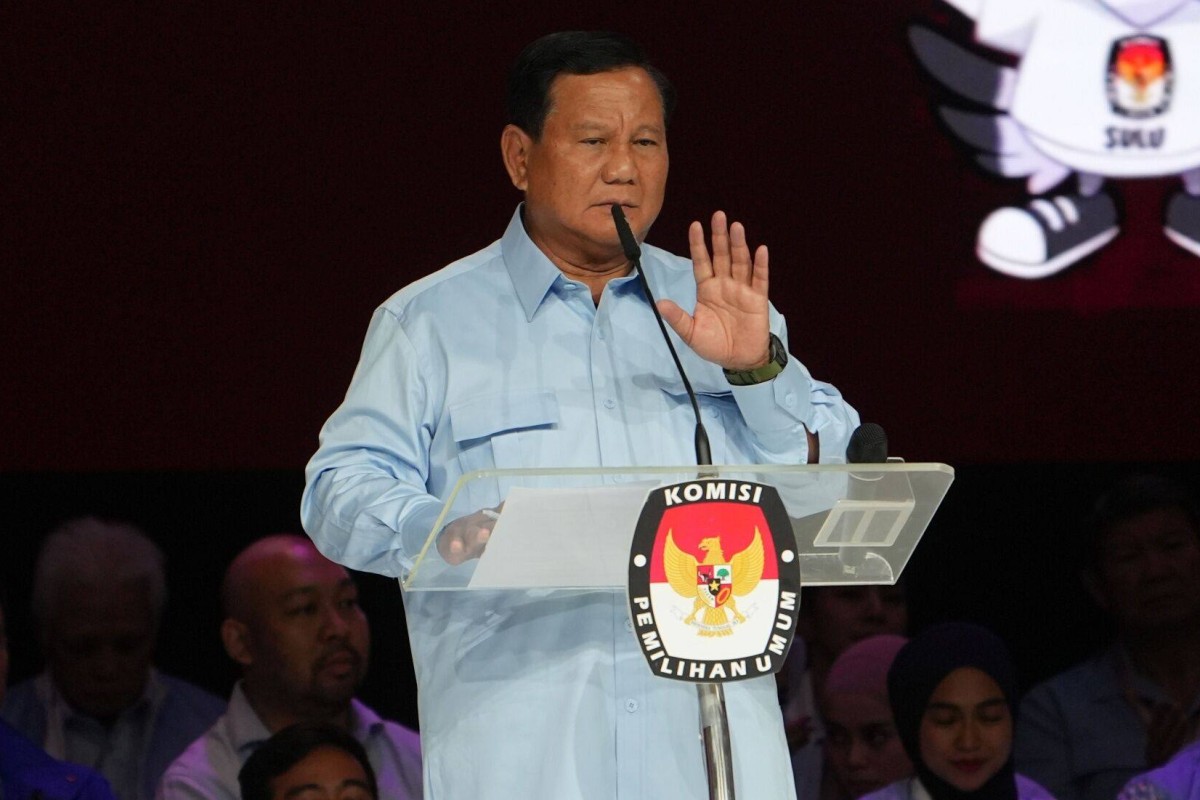 Prabowo Subianto speaks during the final presidential debate in Jakarta on Sunday. Photo: Bloomberg