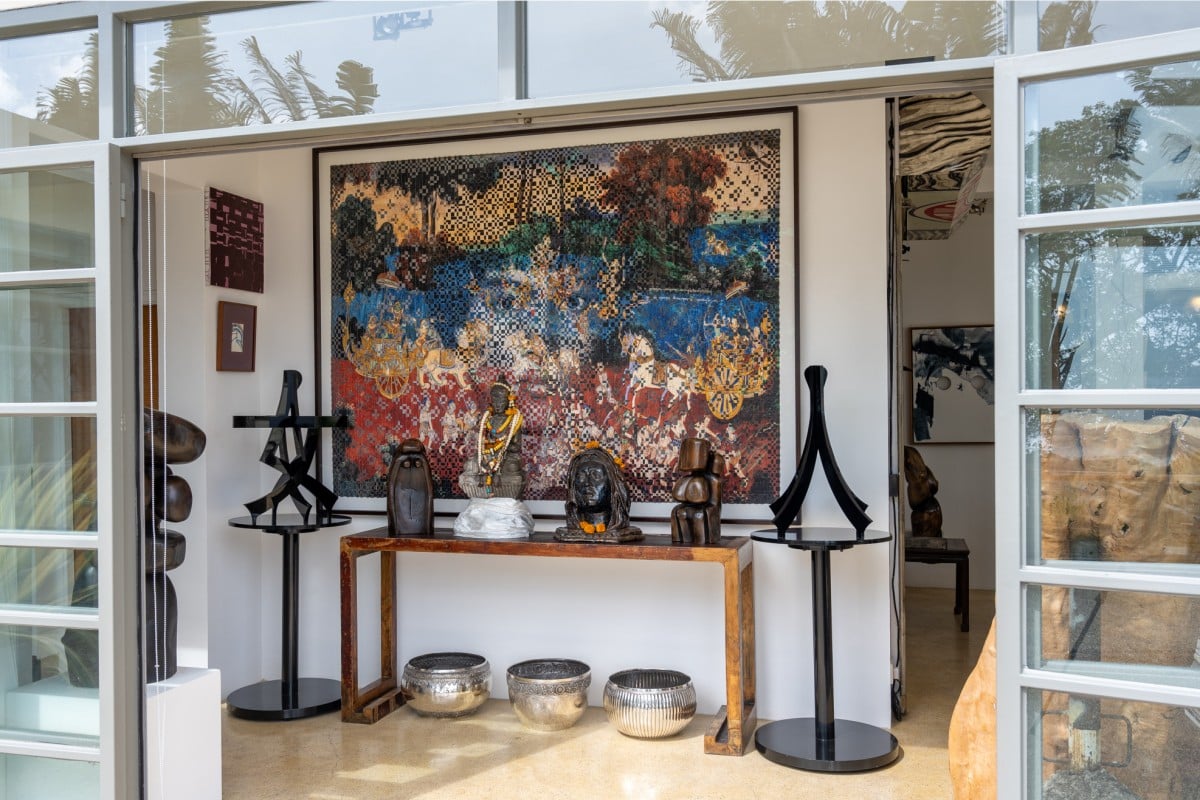 photographic mosaic Khmer Reamker, by Vietnamese artist Dinh Q. Lê, in the living room of the Sai Kung home of Katie de Tilly of Hong Kong art gallery 10 Chancery Lane. Photo: Eugene Chan. Styling: Flavia Markovits
