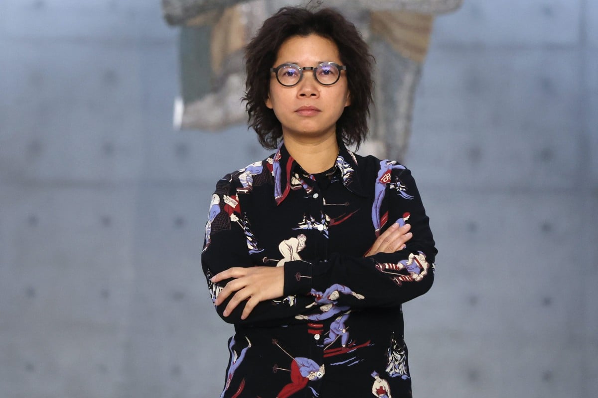 Movana Chen at her Knitting Conversations exhibition ongoing at M+. The Hong Kong artist, best known for her clothes knitted from shredded magazines, reveals how her work has helped her forge friendships all around the world. Photo: Edmond So