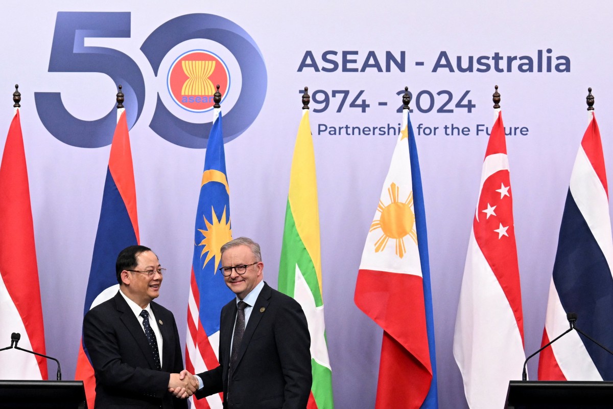 Australian Prime Minister Anthony Albanese shakes hands with Laos’ Prime Minister Sonexay Siphandone at the Asean-Australia Special Summit, in Melbourne on March 6. Photo: Jaimi Joy
