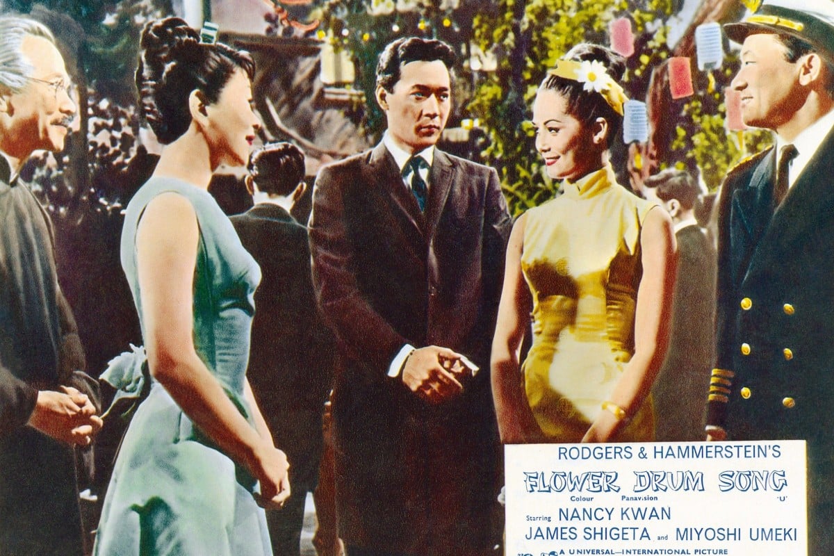 Flower Drum Song was the first Hollywood film with a mostly Asian cast. From left: Kam Tong, Miyoshi Umeki, James Shigeta, Nancy Kwan and Victor Sen Yung in a lobby card for Flower Drum Song. Photo: Getty Images