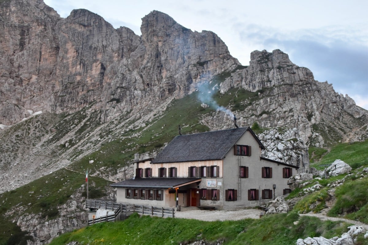 Rifugio Coldai in the early morning, the night after a big storm, Dolomites of northern Italy, 2024.  Photo: Victoria Burrows