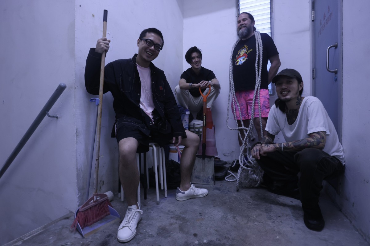 Nang Yang Pui Dui members (from left) Jon, Chau, Paul and Jack at Sunset Studios in Kennedy Town, Hong Kong. Members of the group, also known as NYPD, reveal the smoking inspiration behind their latest album and why they loved messing around with AI for their next release. Photo: Jonathan Wong