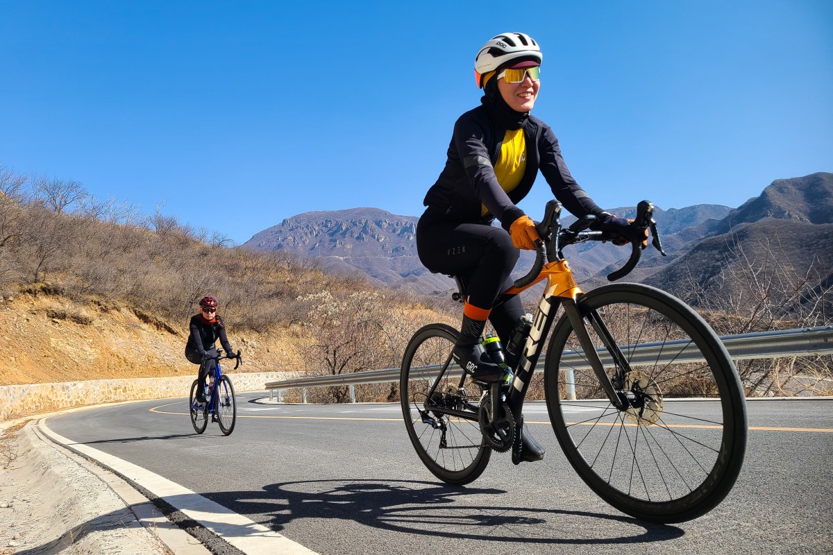 Elina Cai, of Beijing West Cycling group, rides up Miaofeng mountain during a weekend group ride. Photo: Sean Gallagher - Beijing West Cycling Group