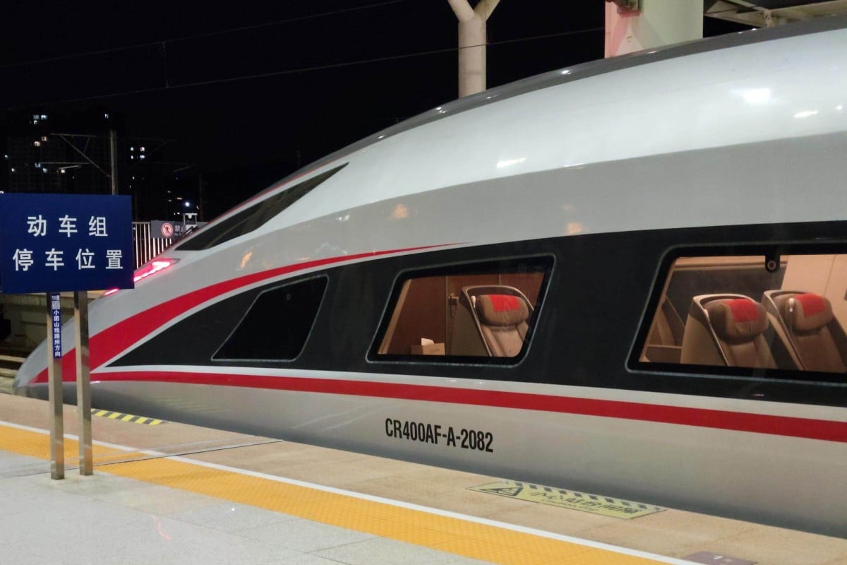 A Chinese high-speed train waits at Kunming South Railway Station. Photo: Kristin Odebjer