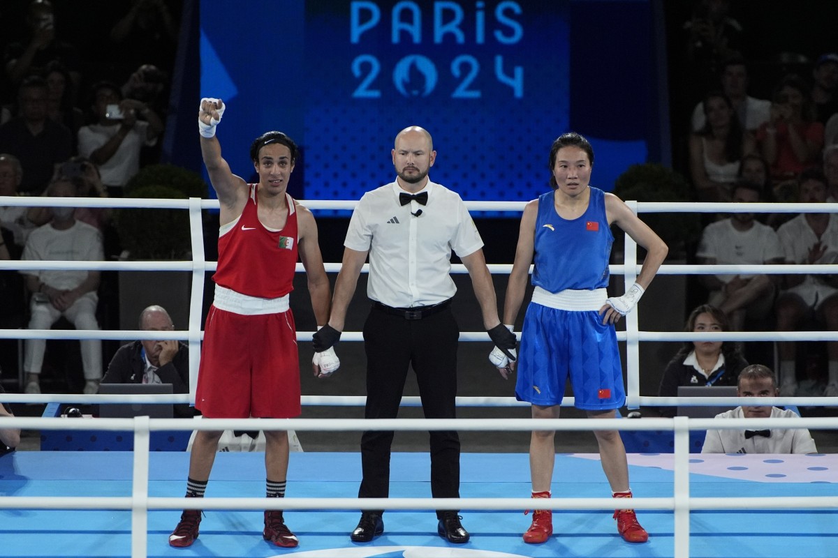 Algeria’s Imane Khelif (left) celebrates after defeating China’s Yang Liu to gold in their women’s 66kg boxing final. Photo: AP