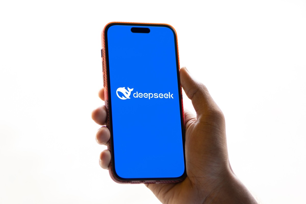 a phone screen showing the logo of deepseek ai with a blue background color