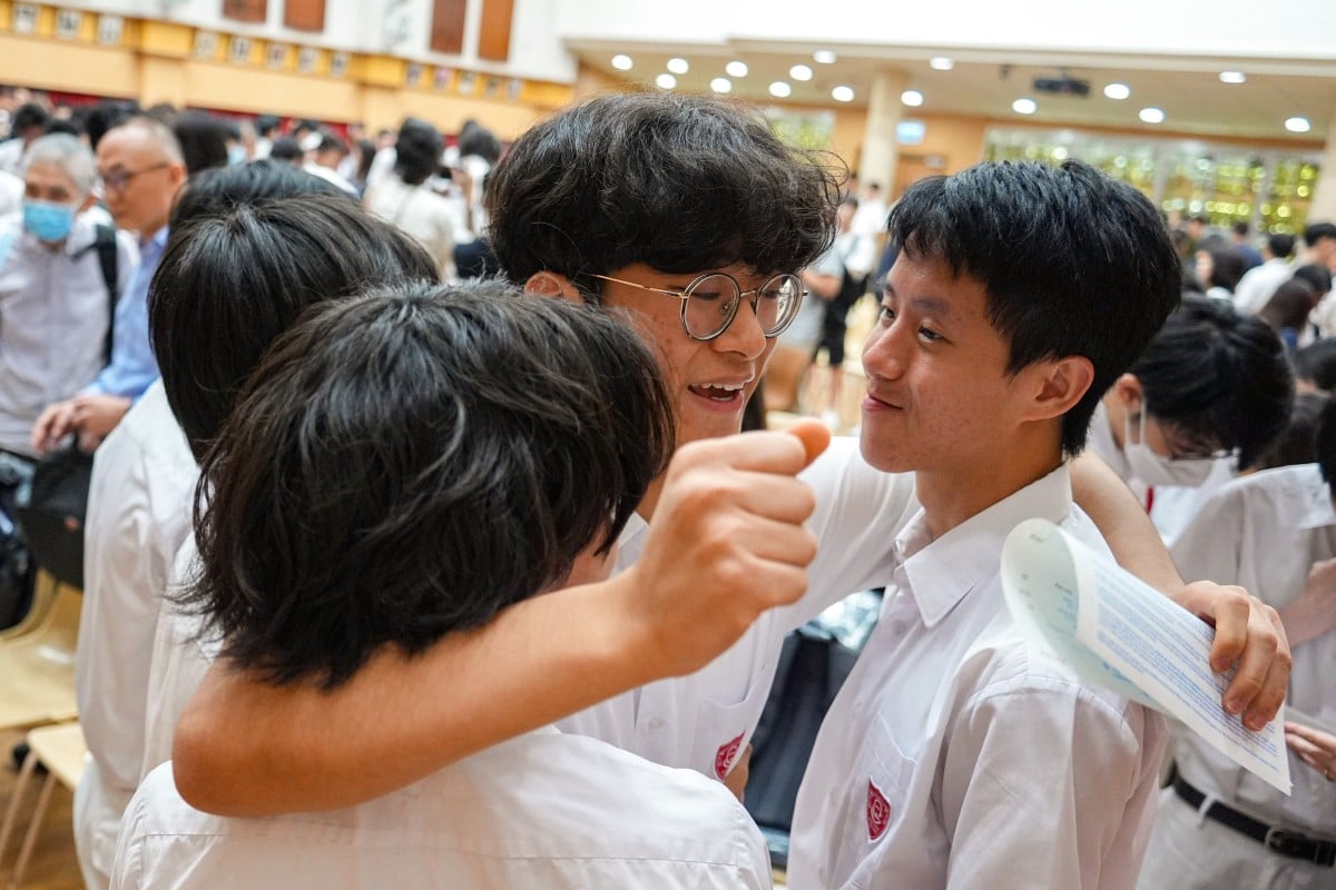 Queen’s College students react to their DSE results. Photo: Eugene Lee