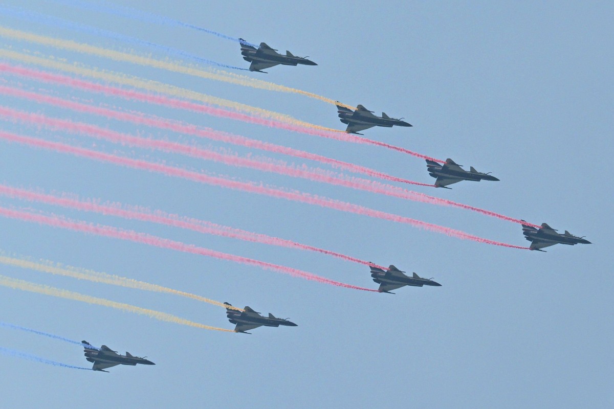 Military aircraft fly in formation during the parade in Beijing. Photo: AFP
