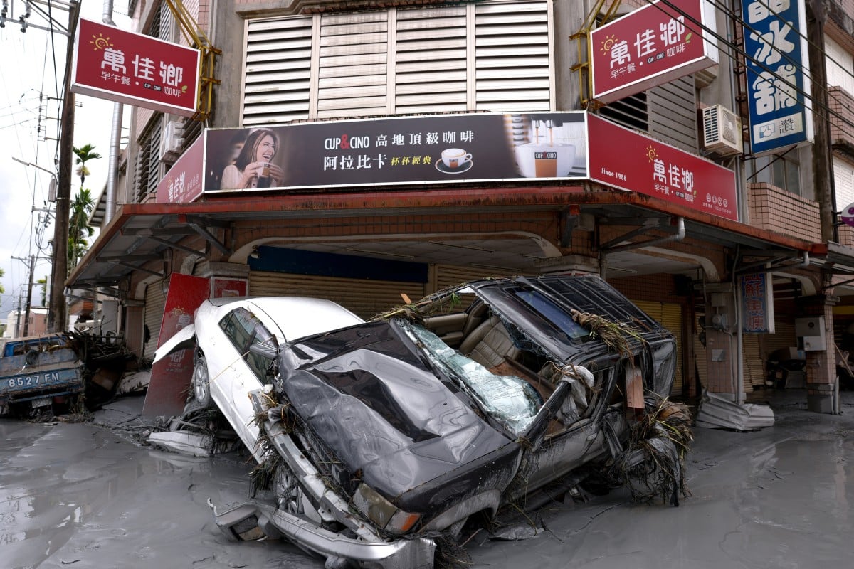 Damaged cars after flooding caused by Super Typhoon Ragasa in Hualien, Taiwan, on Wednesday. Photo: Reuters