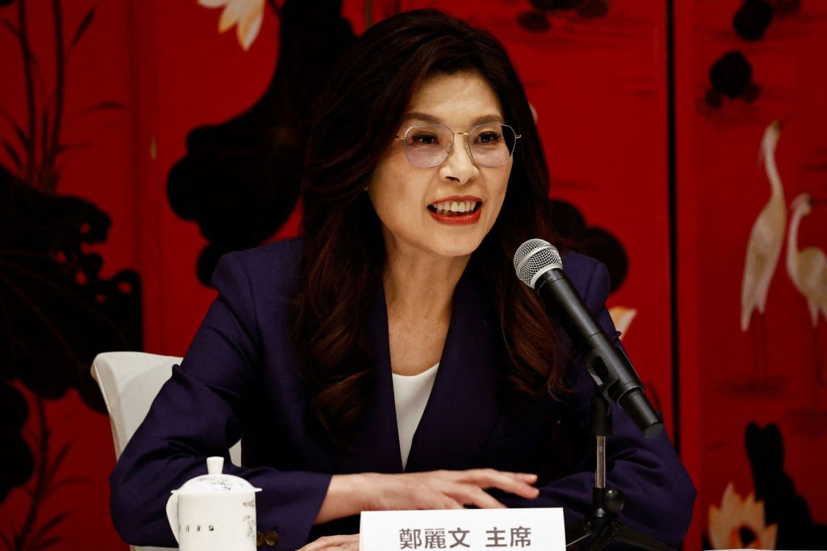 Cheng Li-wun, chairwoman of the Kuomintang (KMT), speaks at a press conference in Beijing, on Friday. Photo: Reuters