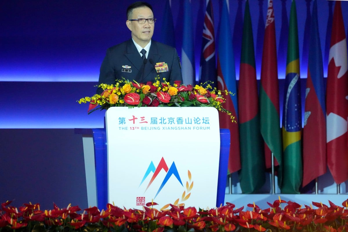 Chinese Defence Minister Dong Jun addresses Xiangshan Forum in Beijing on Wednesday. Photo: AP