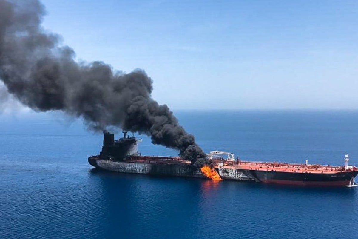 A tanker burns in the Gulf of Oman after a mystery attack that the United States has blamed on Iran. Photo: AFP