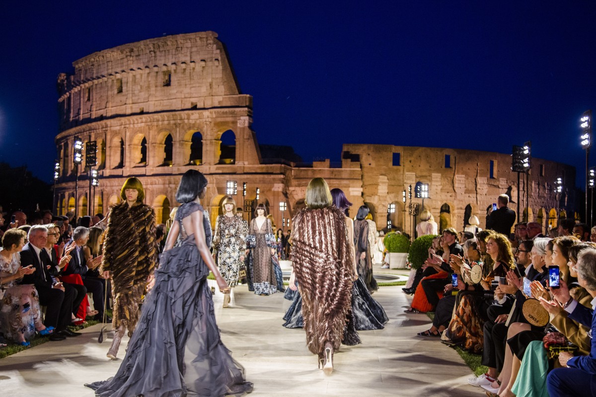 Models present Fendiâ€™s autumn/winter 2019/2020 collection on the Palatine Hill in front of the Colosseum in Rome. The show was a homage to fashion designer Karl Lagerfeld, Fendiâ€™s creative director for 54 years. Photo: AP