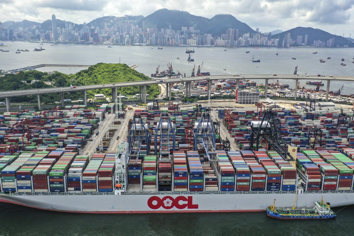 Arrival of OOCL’s massive cargo container vessel in Hong Kong heralds