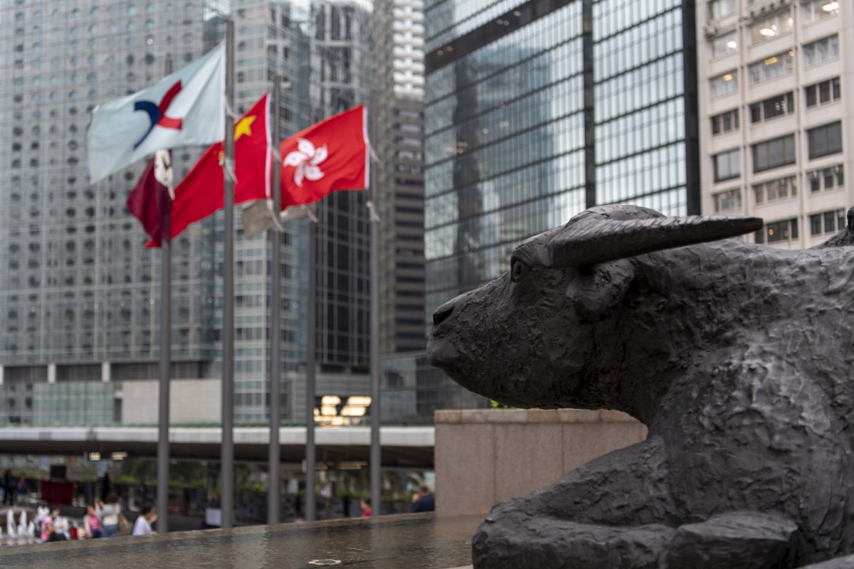 A bronze sculpture of a bull is seen outside the Hong Kong stock exchange. Photo: Warton Li