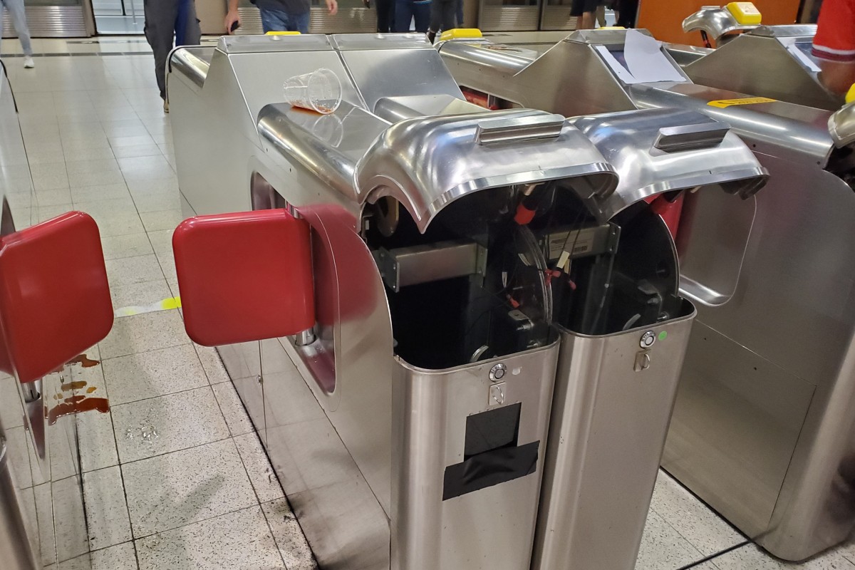 Vandalised gates at Po Lam MTR station. Photo: Chris Lau
