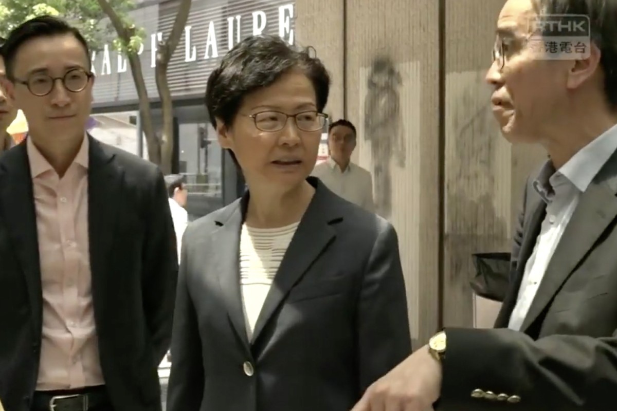 Hong Kong Chief Executive Carrie Lam visits Central MTR station a day after anti-government protesters vandalised it. Photo: RTHK