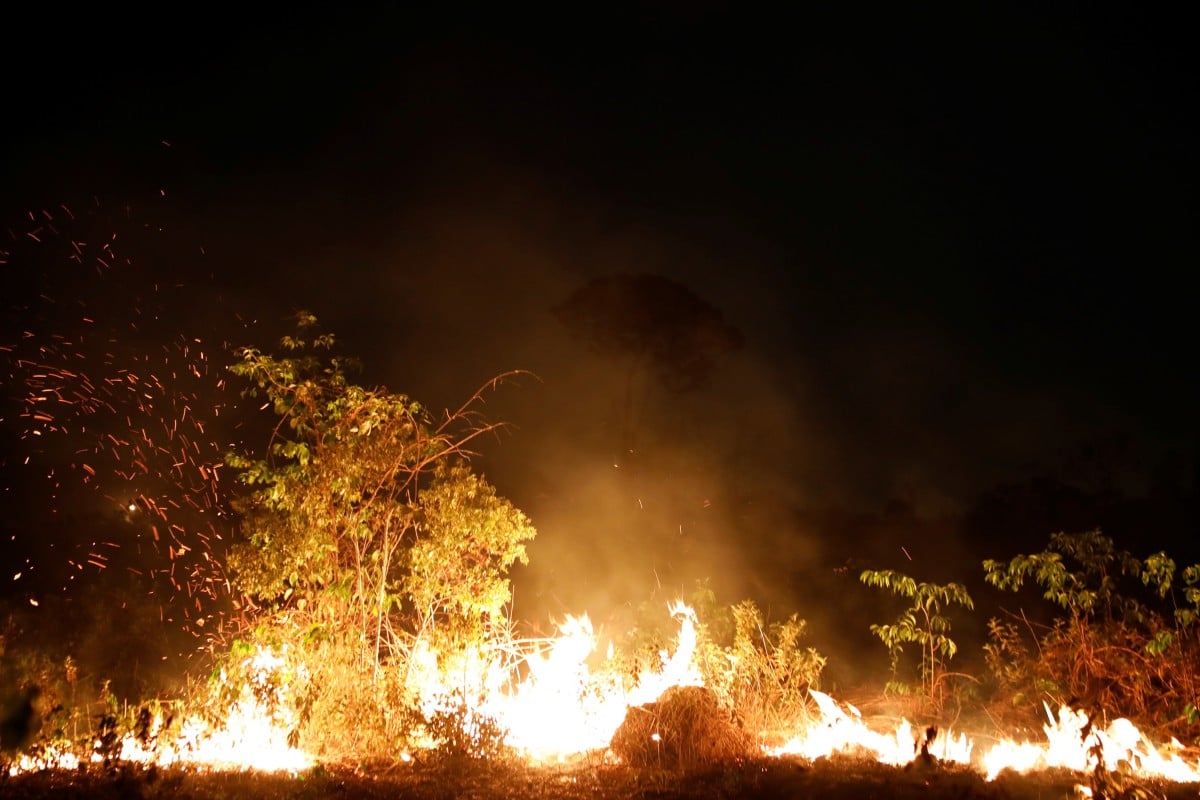 A fire blazes on a tract of Amazon jungle in Porto Velho, Rondonia state, Brazil. Photo: Reuters