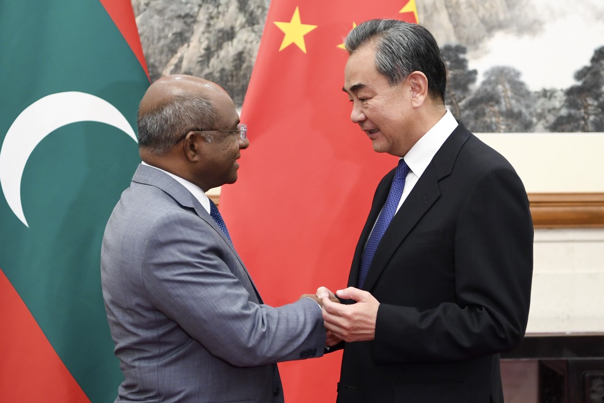 Maldives’ Foreign Minister Abdulla Shahid and Chinese Foreign Minister Wang Yi in Beijing. Photo: Xinhua