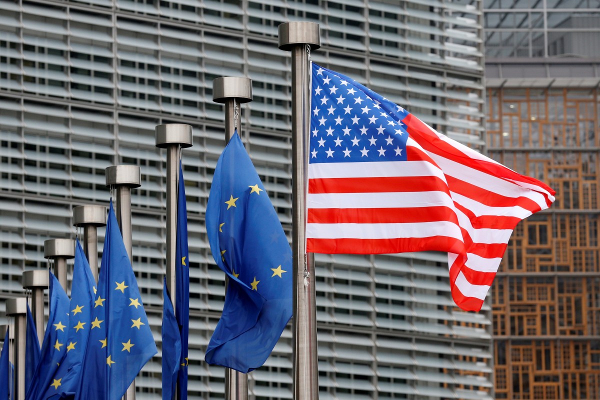 US and European Union flags at the European Commission headquarters in Brussels in February 2017. Photo: Reuters