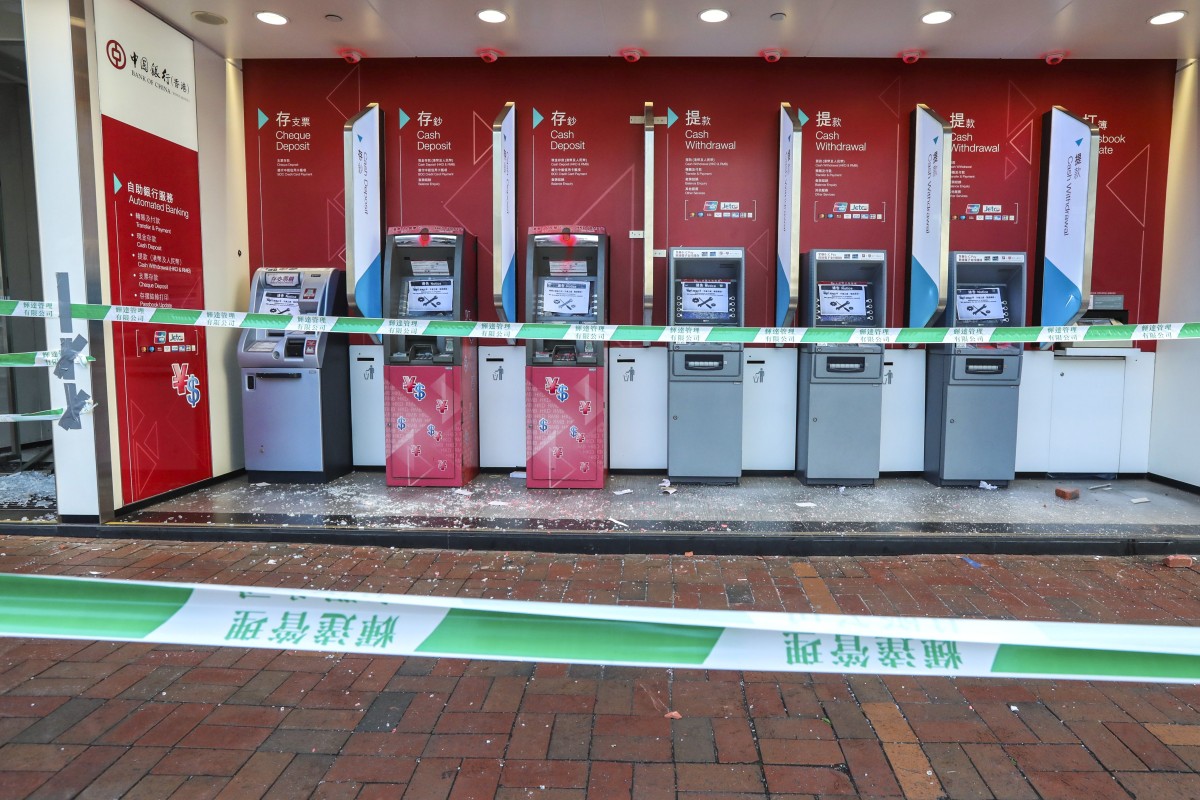 Anti-government protesters vandalised and damaged several locations including a Bank of China branch in Sha Tin on 5 May 2019 after the government issued an anti-mask law. Photo: Felix Wong