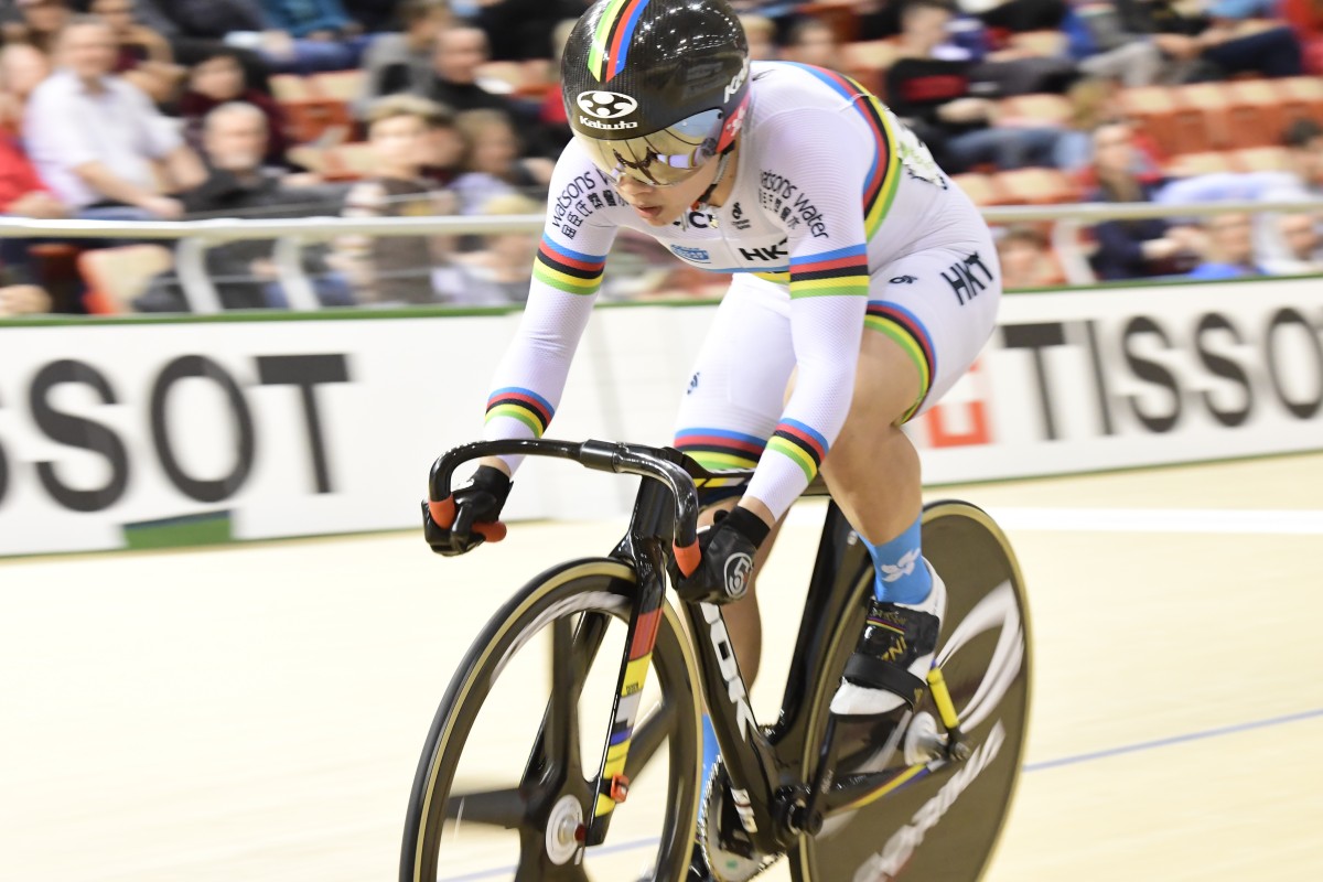 Sarah Lee in the rainbow jersey as the reigning world champion of the keirin event. Photo: Hong Kong Cycling Association