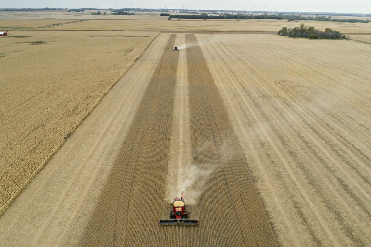A combine harvester gathers soybeans during the harvest season in Illinois, the US. The legume originated in China before becoming one of America’s biggest exports. Photo: Daniel Acker/Bloomberg