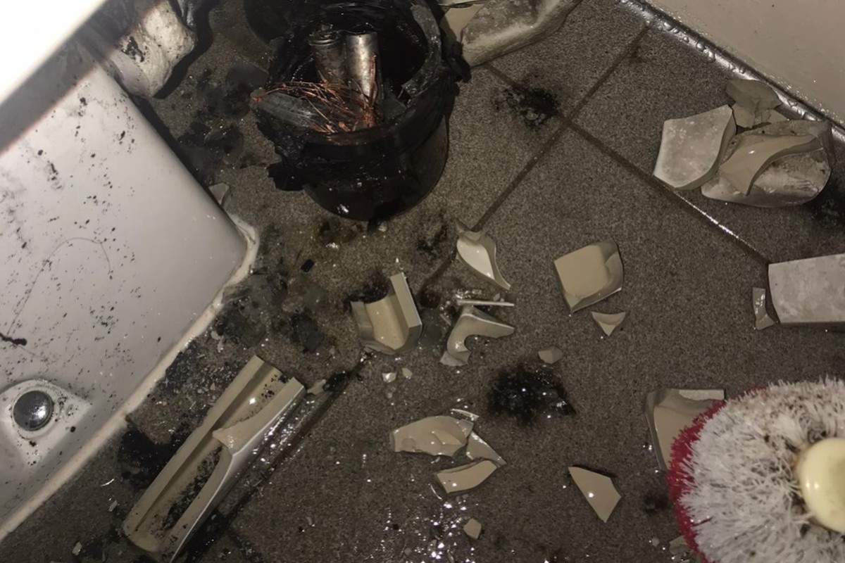 The explosion at Caritas Medical Centre damaged toilet facilities on Monday. Photo: SCMP
