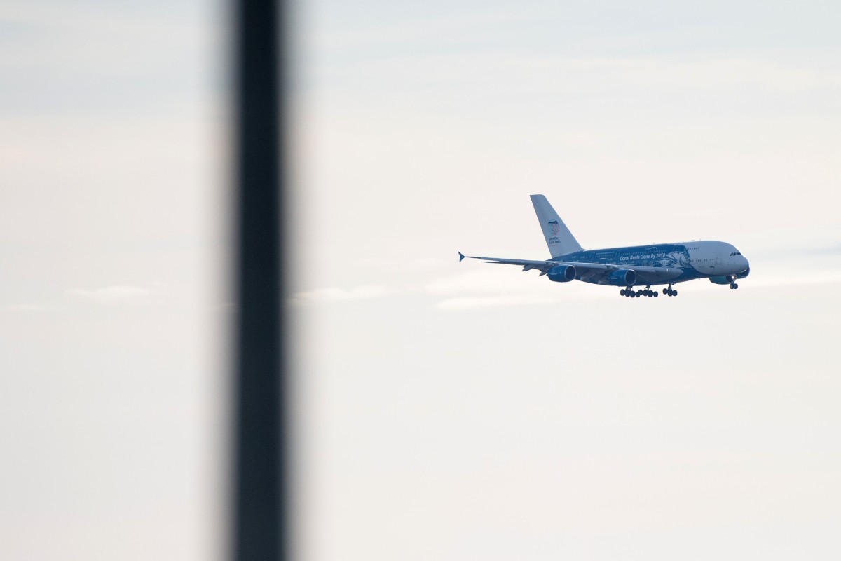 An Airbus A380-84, believed to be carrying European citizens flown out from the coronavirus zone in Wuhan, approaches the Istres-Le Tube Air Base near Istres. Photo: AFP