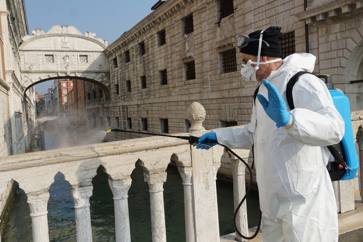 Anti coronavirus measures in the historic Marciana area of Venice as all of Italy is completely locked down and scientists look for patterns in areas of high infection. Photo: EPA-EFE