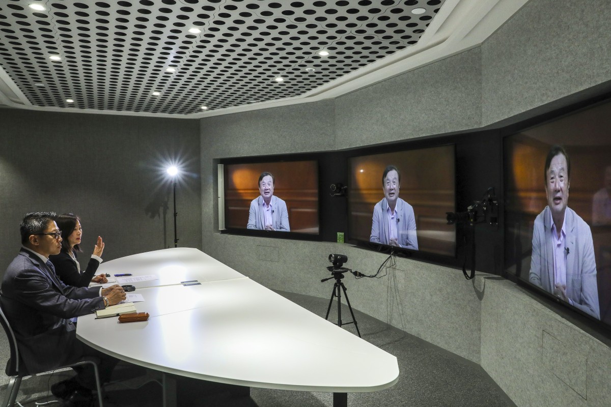 Huawei Technologies founder and chief executive Ren Zhengfei is interviewed by SCMP editor-in-chief Tammy Tam, far left, and business editor Eugene Tang via video conference at Huawei’s office in Hong Kong. Photo: Nora Tam