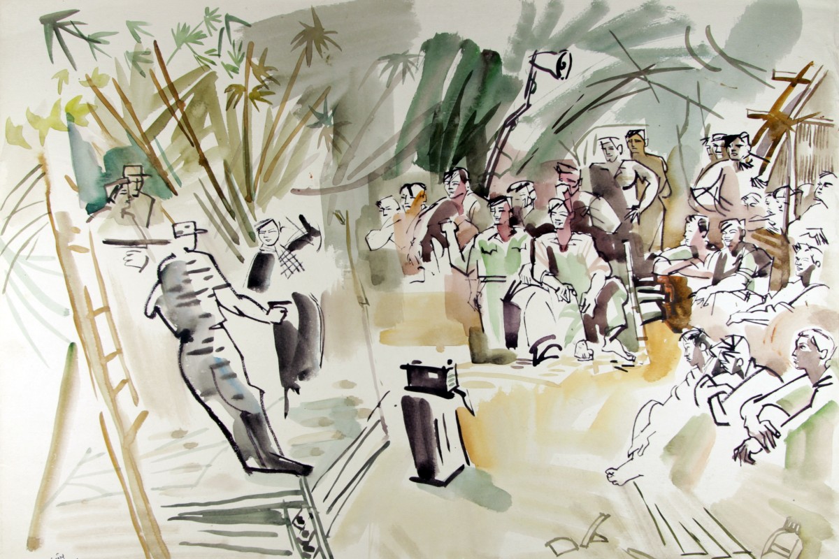 Một đoàn nhảy biểu diễn giữa rừng rậm Việt Nam trong bức tranh năm 1971 của họa sĩ Bùi Quang Anh. Hình: Bộ sưu tập nhân chứng / Bùi Quang Anh