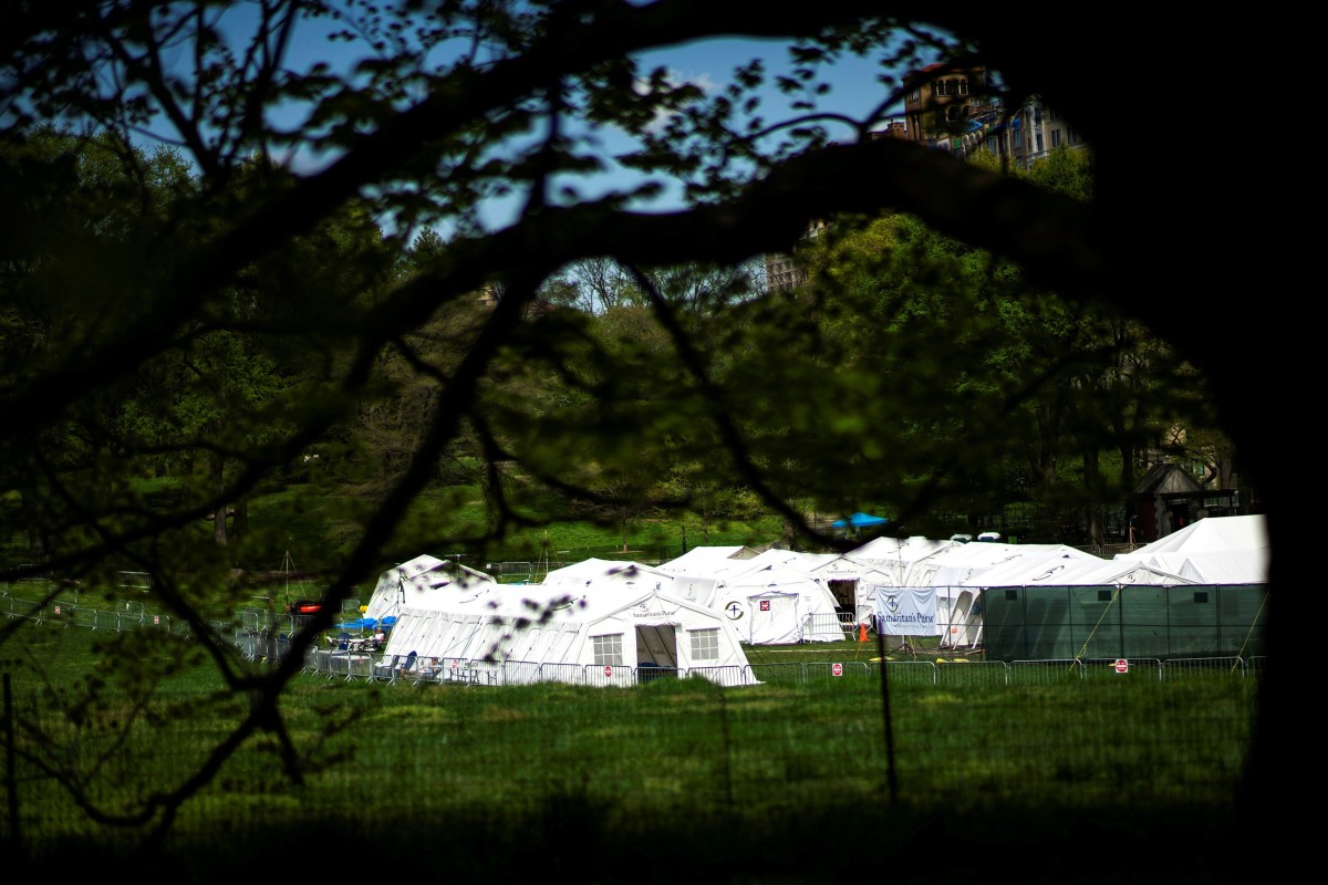 Samaritan’s Purse emergency field hospital was created in a New York park, but self-isolating is the more common policy in the US. Photo: Reuters