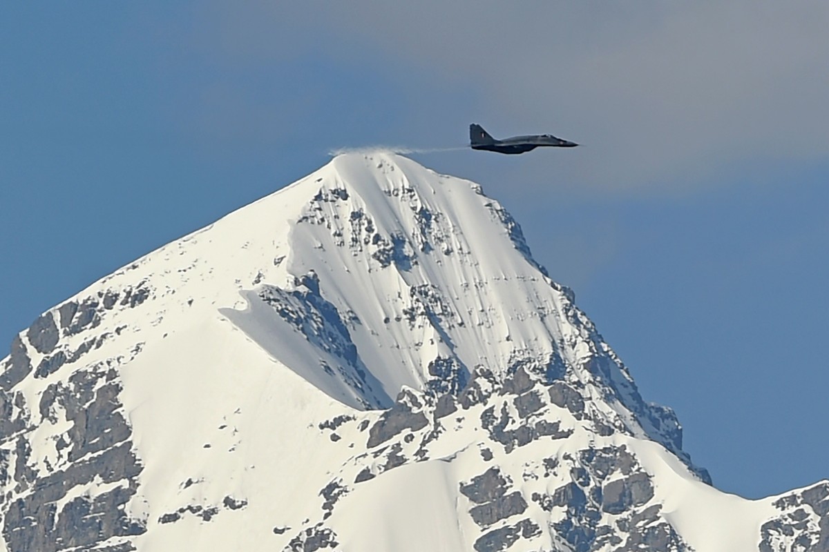 An Indian fighter jet flies over Leh in Ladakh on Friday. Photo: AFP
