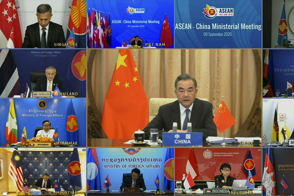 Wang Yi (centre) made the appeal to his fellow Asean foreign ministers during an online meeting on Wednesday. Photo: AP