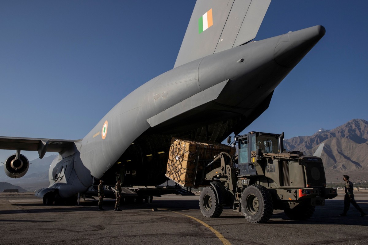 Supplies are unloaded from an Indian military transport plane at a forward airbase in Leh, in the Ladakh region, last week. Photo: Reuters