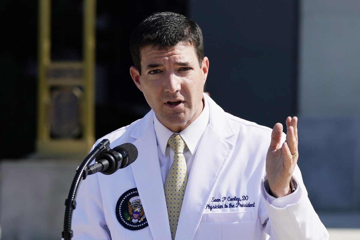Dr Sean Conley, doctor to US President Donald Trump, briefs reporters at Walter Reed National Military Medical Center in Bethesda, Maryland, on Sunday. Photo: AP