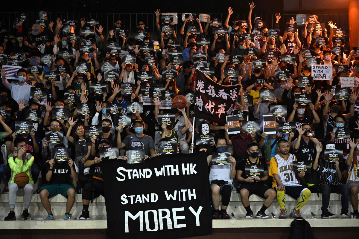 Protesters shout slogans at Southorn Playground in Hong Kong on October 15, 2019, during a rally in support of NBA basketball Rockets general manager Daryl Morey and against comments made by Lakers superstar LeBron James. Photo: AFP
