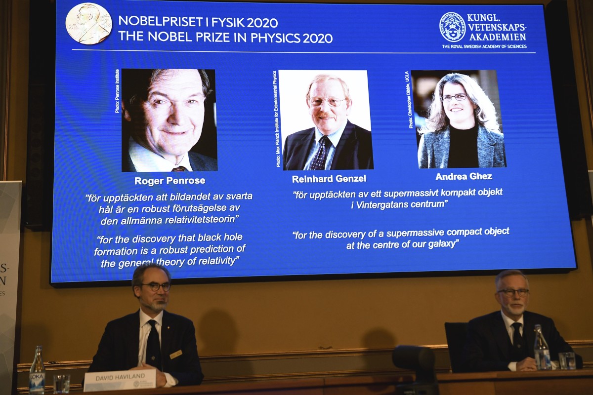 The winners of the 2020 Nobel Prize in Physics are announced during a news conference at the Royal Swedish Academy of Sciences, in Stockholm, on October 6. Photo: AP
