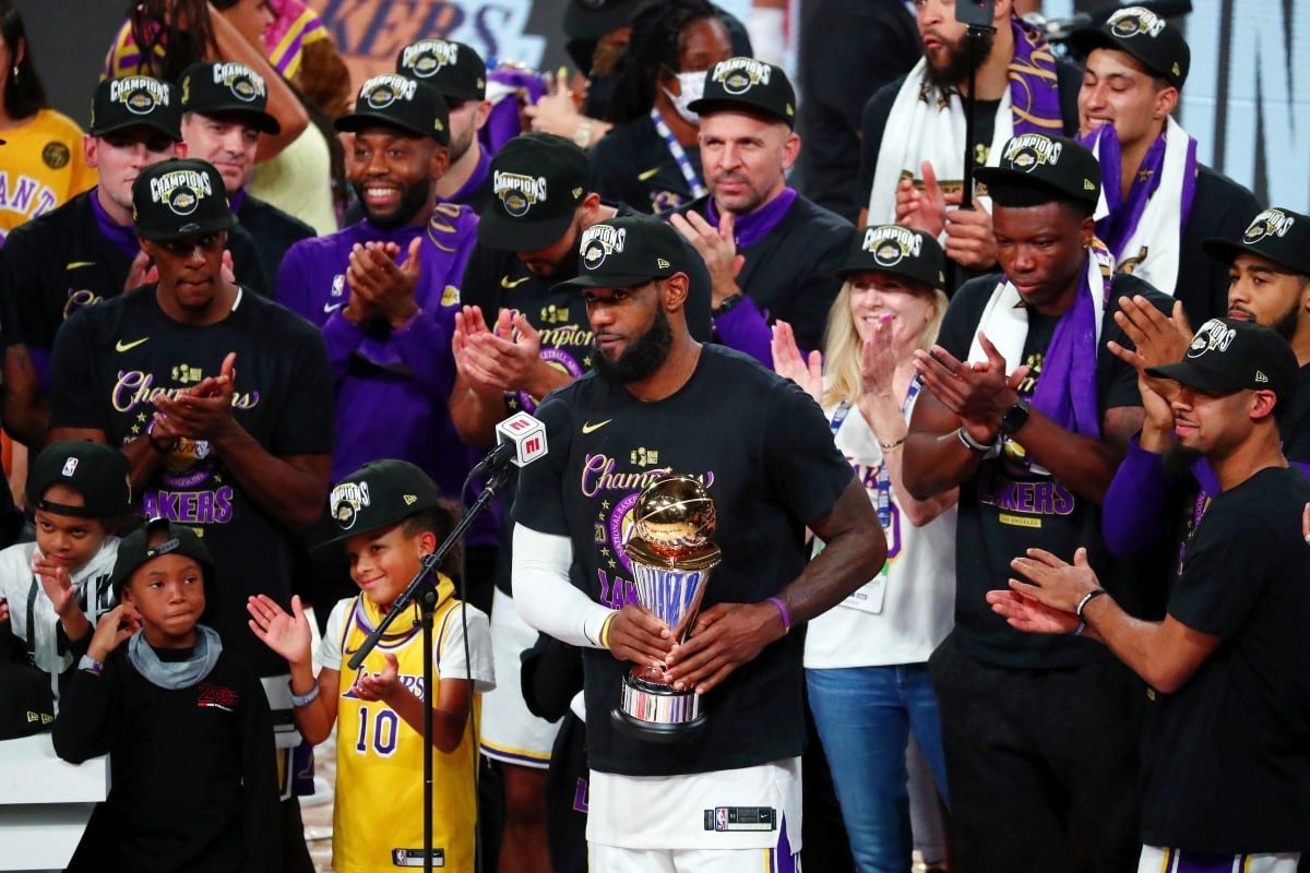 Los Angeles Lakers forward LeBron James speaks after receiving the NBA Finals MVP award. Photo: USA Today Sports
