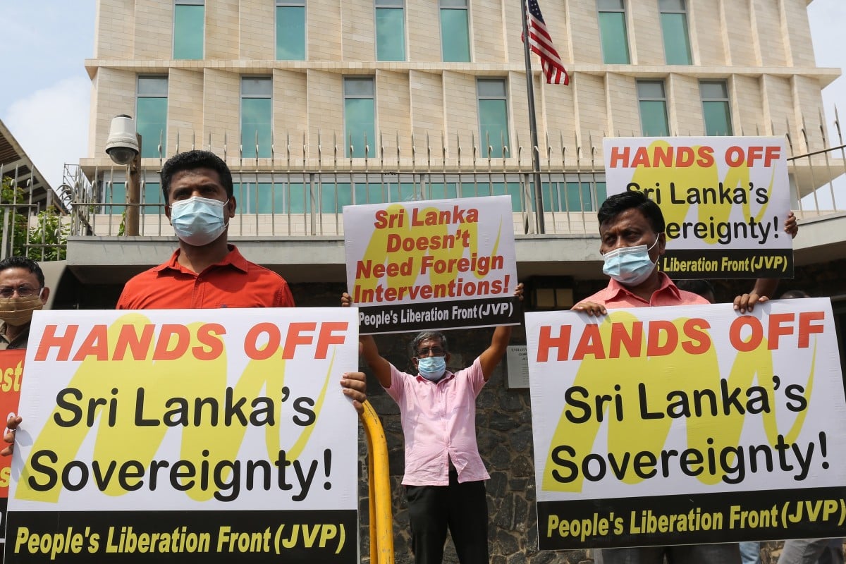 Demonstrators outside the US embassy in Colombo on Tuesday expressed their displeasure with the visit of US Secretary of State Mike Pompeo. Photo: EPA-EFE