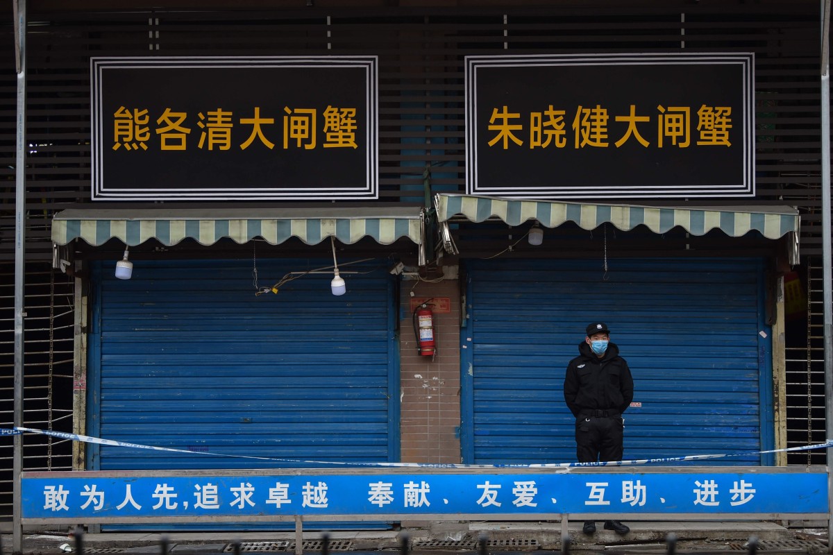 A security guard stands outside the Huanan market in Wuhan in January. A WHO-led scientific mission will look into the wild animal trade at the market, where a number of the first known patients worked and shopped. Photo: AFP