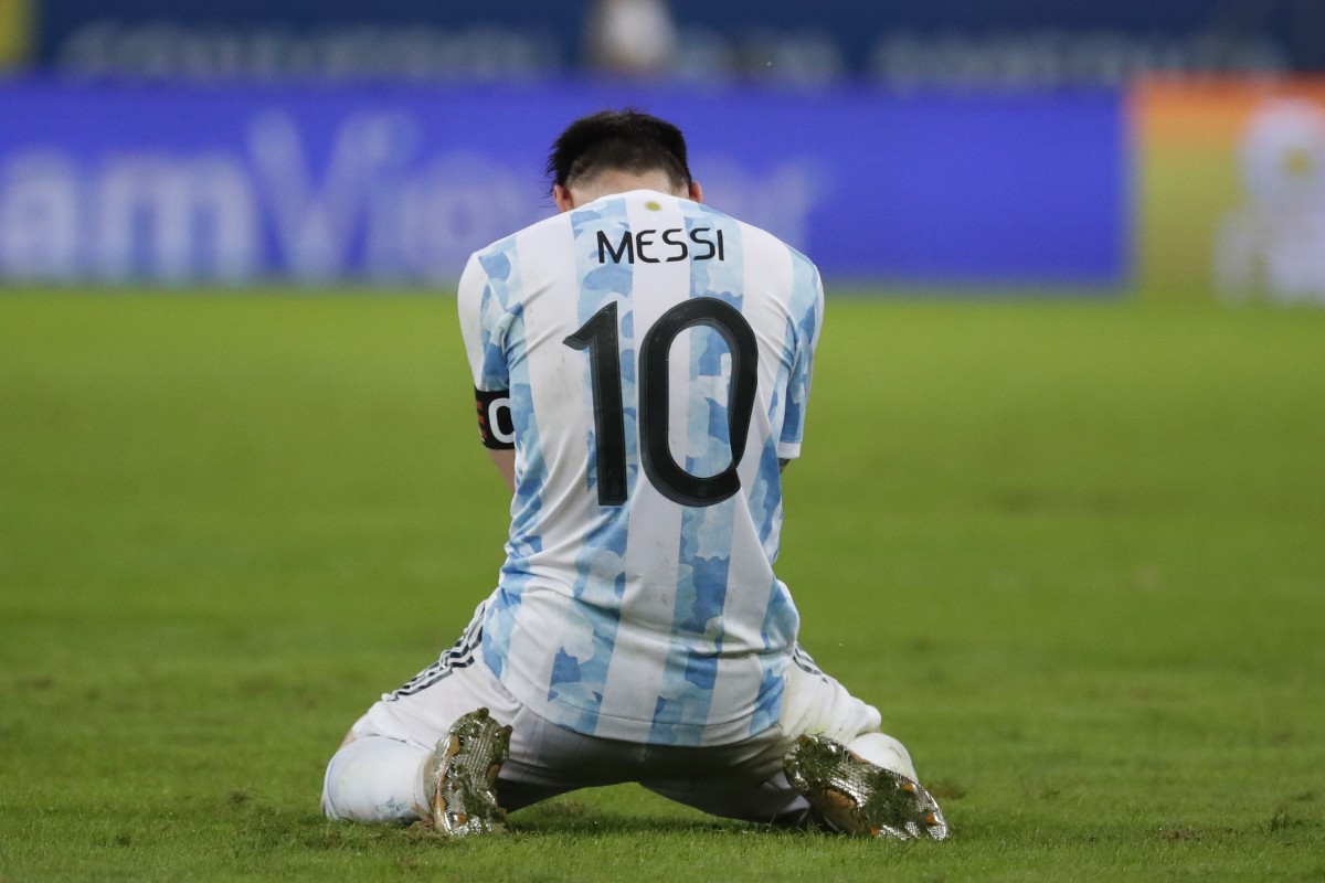 Argentina’s Lionel Messi is on his knees after winning the Copa America in Rio de Janeiro on Saturday. Photo: AP