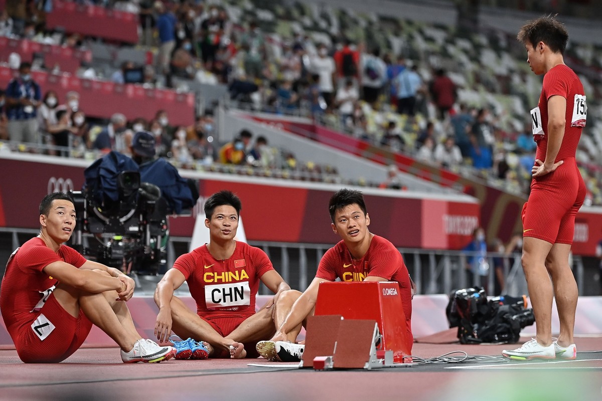 China’s 4x100m relay team react after they find out that they finished fourth in the Tokyo 2020 Olympic Games final. They could be boosted to bronze. Photo: Xinhua