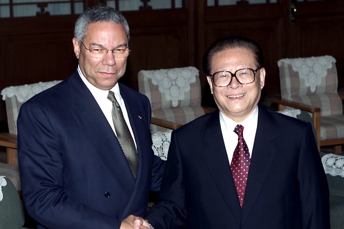 Colin Powell with China’s then-president Jiang Zemin in 2001 as the two countries worked to overcome a rocky patch in relations. Photo: AFP